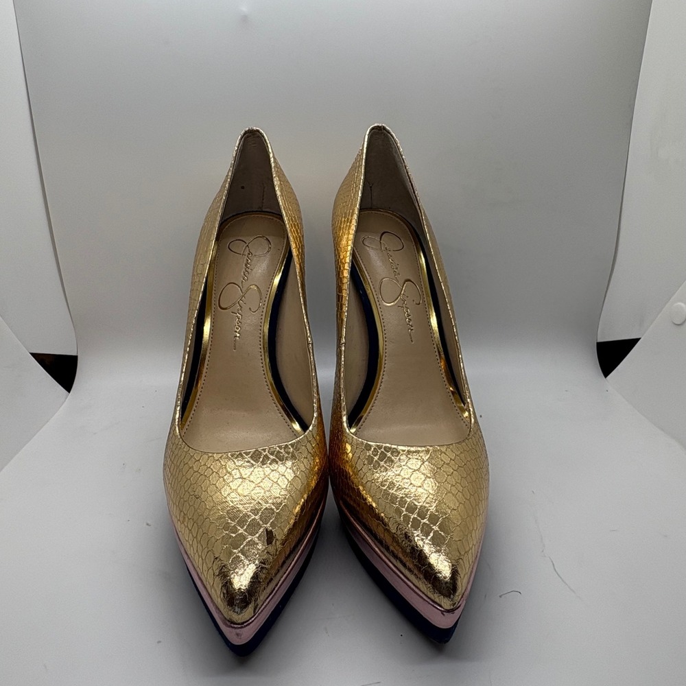 Jessica Simpson Gold Snakeskin Platform Pumps Navy Pink Colorblock Heels 6.5M